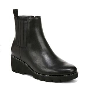 Vionic Aria Black Leather Wide Comfort Waterproof Ankle Boots Size 5 Wedge NEW